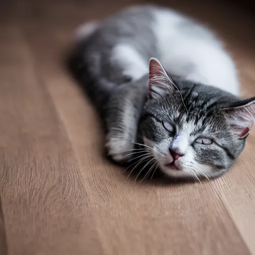 Prompt: gray and white cat sleeping on the hardwood floor, sleeping on his side, fluffy, dimly lit room