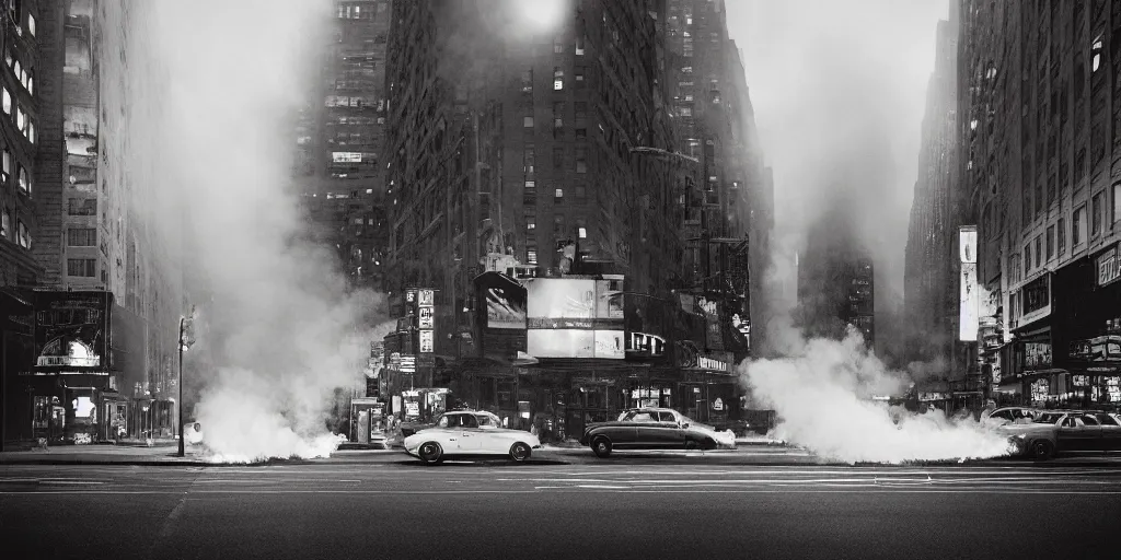 Prompt: a high resolution photo of a new york street at night surrounded with smoke and cars with bright headlights by joel meyerowitz, realistic photo, leica, magnum award winning photograph, parallax photography,