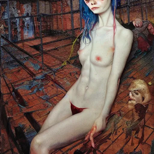 Image similar to realistic detailed image of elle fanning in a soviet prison, by francis bacon, by ayami kojima, amano, karol bak, neo - gothic, gothic, rich deep colors. beksinski painting, from a movie by david cronenberg. art by takato yamamoto. masterpiece. high quality, ultra detailed