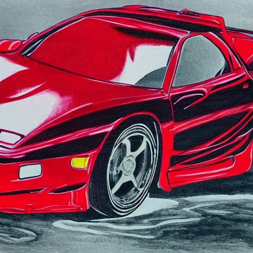 Image similar to pen ink drawing black red 1999 FD RX-7 Shuichi Shigeno and Michiharu Kusunoki