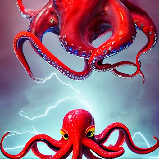 Image similar to 2 flying red and white Octopus made of opal wrestle dramatically in a storm Neon accents Ross Tran Environment Far Away 8K Hyper real ultra detailed