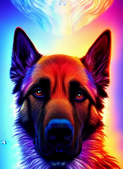 Image similar to symmetry!! product render poster vivid colors divine proportion german shepard hound mix, scifi, glowing fog intricate, elegant, highly detailed, digital painting, artstation, concept art, smooth, sharp focus, illustration, art by artgerm