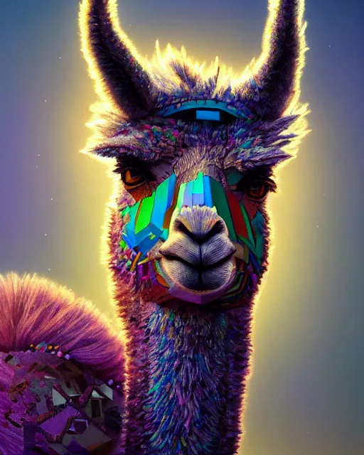 Prompt: highly detailed surreal vfx portrait of a metallic chromatic geometric tribal llama, behance, stephen bliss, unreal engine, greg rutkowski, loish, rhads, beeple, makoto shinkai and lois van baarle, ilya kuvshinov, rossdraws, tom bagshaw, alphonse mucha, global illumination, detailed and intricate environment