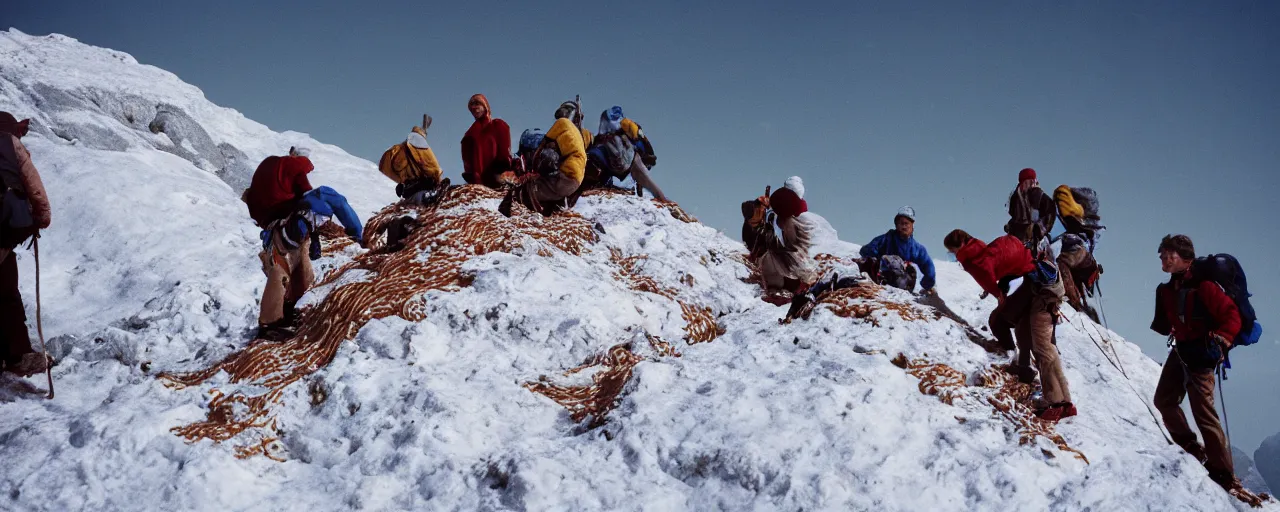 Prompt: hikers climbing over a mound of spaghetti on top of a frozen mountain, canon 5 0 mm, cinematic lighting, photography, retro, film, kodachrome