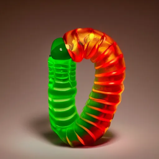 Image similar to a futuristic robotic gummi worm. dramatic product lighting. it's a gummi with extra juiciness. but it's also a worm. ick. trendy food truck. digital reality.