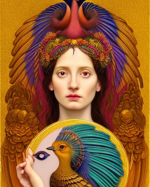 Prompt: portrait of the beautiful young goddess of birds, unusual beauty, etheric, outworldly colours, emotionally evoking symbolic metaphors, head in focus, fantasy, ornamental, intricate, elegant, highly detailed painting style photo, artstation, concept art, painterly, golden ratio, sharp focus, illustration, art by john william godward and leonora carrington and alphonse mucha,