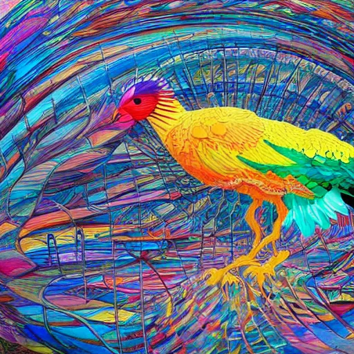 Image similar to A beautiful kinetic sculpture of a large, colorful bird with a long, sweeping tail. The bird is surrounded by swirling lines and geometric shapes in a variety of colors CryEngine by Fang Lijun, by Klaus Wittmann tranquil