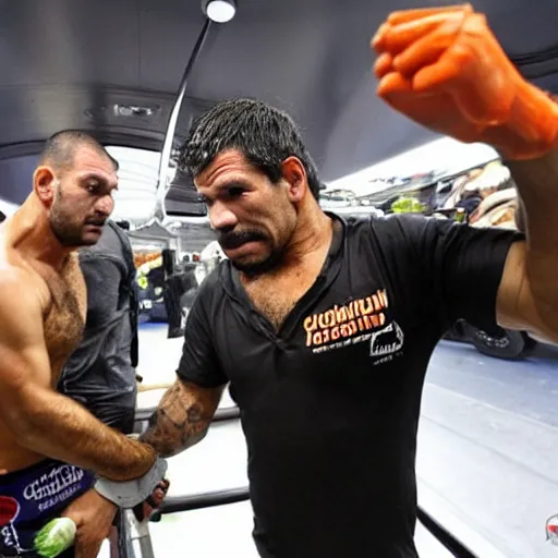 Image similar to antonio rodrigo nogueira holds a single carrot, and antonio rogerio nogueira has his hand on the bus behind them ; photo