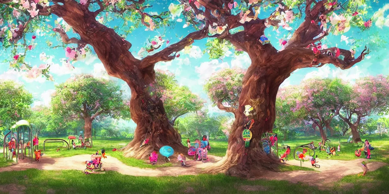Image similar to 8 k ， an illustration of a children's playground under a big tree ， spring atmosphere ， by ashno alice and raja nanadepu ， trend on artgerm ， featured on artstation