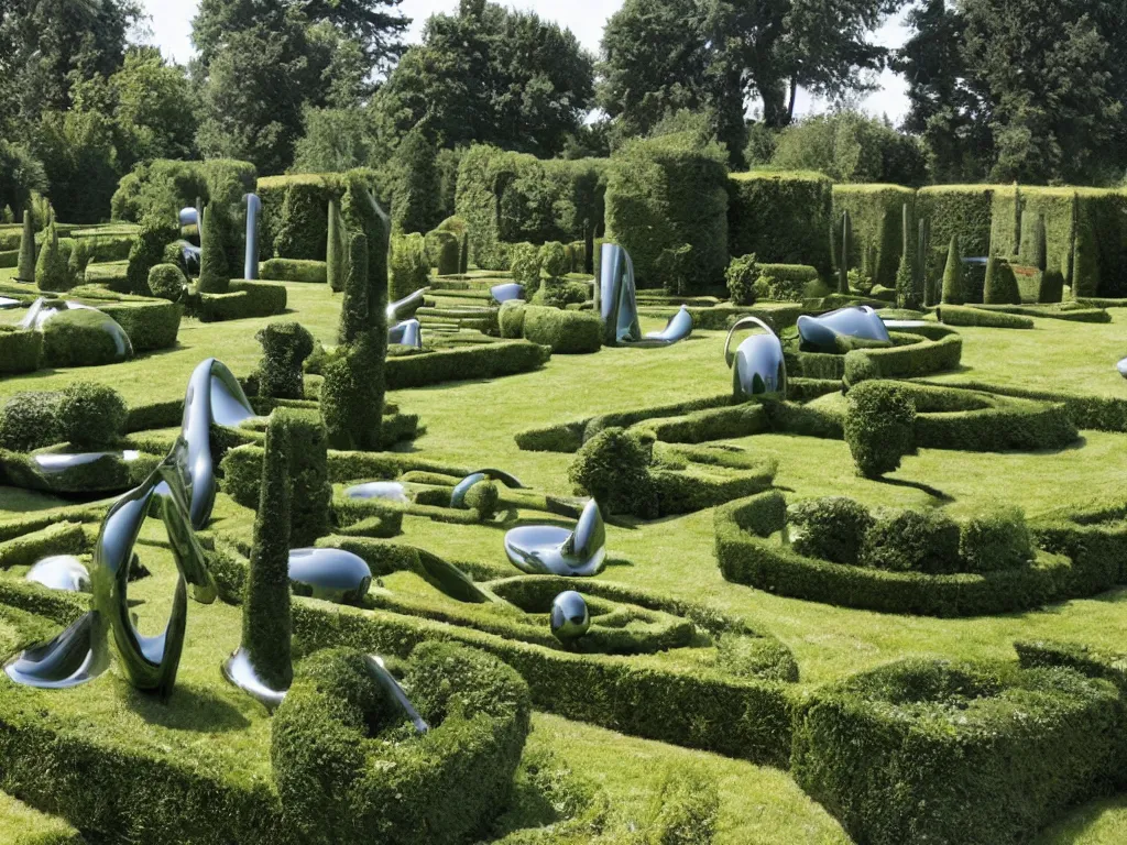 Image similar to giant Italian modern castle formal garden with a modern stainless steel organic shaped modern sculptures with mirror finish by Tony Cragg, photo by Annie Leibovitz