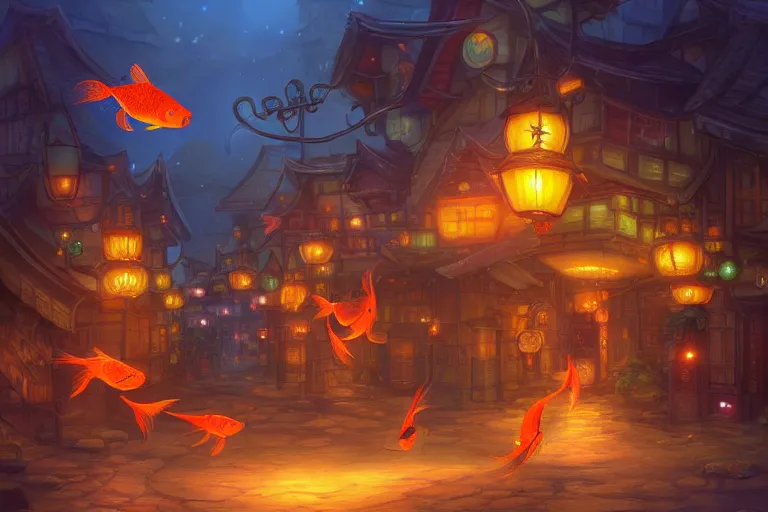 Image similar to fantasy art of glowing goldfish swimming in the air, in the streets of a japanese town at night, with people watching in wonder, by tyler edlin, highly detailed digital art, trending on artstation