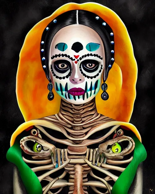 Image similar to a surrealistic head and shoulder painting of a gorgeous female skeleton with cat eyeballs and lipstick and hoodie, in the style of frida kahlo, digital art, detailed masterpiece