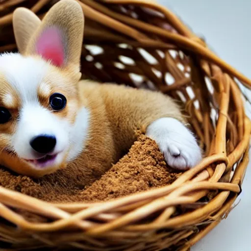 Prompt: a baby corgi emerging from an egg in a nest, photography, photorealistic