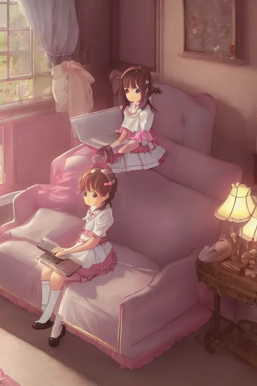 Image similar to a little girl in a maid outfit with dark brown hair in her pink bedroom on a princess sofa with stuffed animals programming on a laptop with a black screen, detailed eyes, 4 k resolution by krenz cushart and akihito yoshida and makoto shinkai