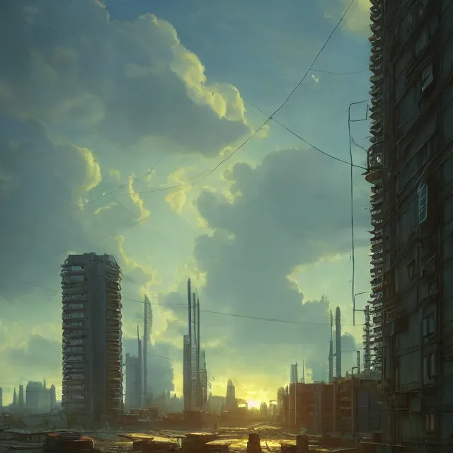 Image similar to An cyberpunk buildings with the sun shining through the clouds in utopia by Simon Stålenhag and Greg Rutkowski,In style of Grant Wood.hyper detailed,8K Resolution,unreal engine 5,Ray Tracing,highly realistic.trending on Artstation.oil on canvas