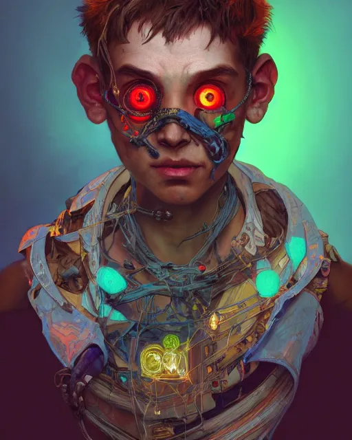 Image similar to portrait of a patchwork boy, bioluminescent, wires, horror, asymmetrical art, highly detailed, concept art, cinematic, hyperrealism, epic, art by stanley lau and artgerm and magali villeneuve and alphonse mucha and pixar, artstation, octane render, cgsociety