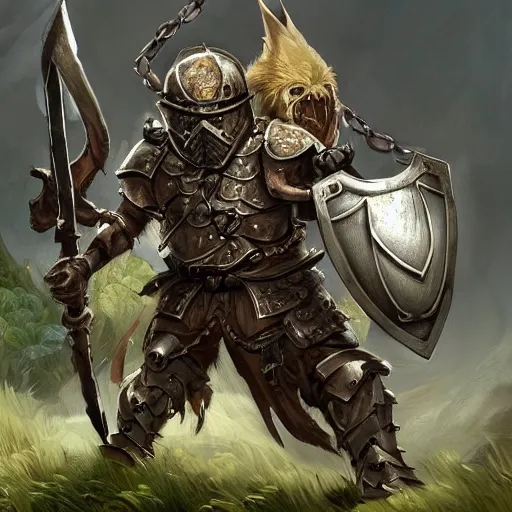 Image similar to d & d, short haired armored bugbear wielding rusty cleaver with chains and a shield, large backpack and and a greatsword wearing mossy rags and a poorly fitted helmet and chestplate