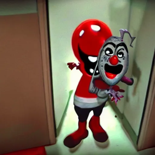 Image similar to horror creepypasta chuck E cheese breaking into room, hyperrealistic blood and eyes