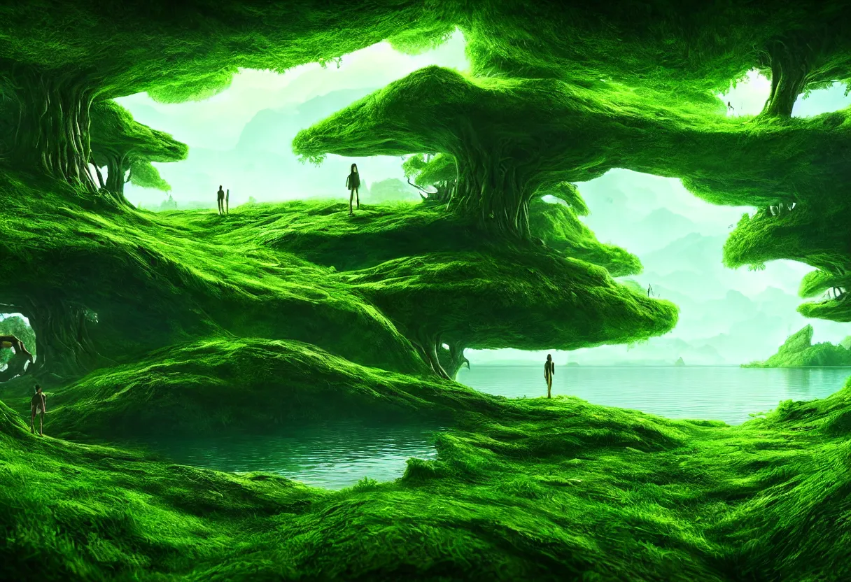 Prompt: inside of alien lake lush summer green landscape of human mind and imagination, matte painting, beautiful render, octane render, concept art