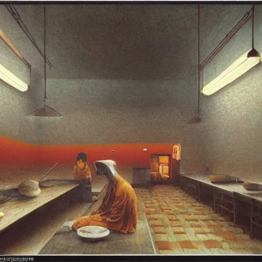 Prompt: a small ramen shop in the outskirts of tokyo, warm lighting, painted by zdzisław beksinski