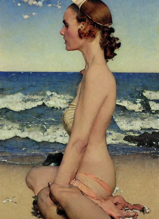 Image similar to illustration upper body and head portrait of elegant woman in the beach, by norman rockwell, roberto ferri, daniel gerhartz, edd cartier, jack kirby, howard v brown, ruan jia, tom lovell, frank r paul, jacob collins, dean cornwell, pulp 5 0 s scifi