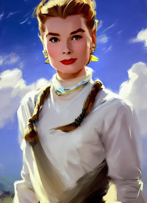 Prompt: A combination of Grace Kelly’s and Audrey Hepburn's appearance as Aloy from Horizon Zero Dawn, countryside, calm, fantasy character portrait, dynamic pose, above view, sunny day, thunder clouds in the sky, artwork by Jeremy Lipkin and Giuseppe Dangelico Pino and Michael Garmash and Rob Rey and Greg Manchess, very coherent asymmetrical artwork, sharp edges, perfect face, simple form, 100mm