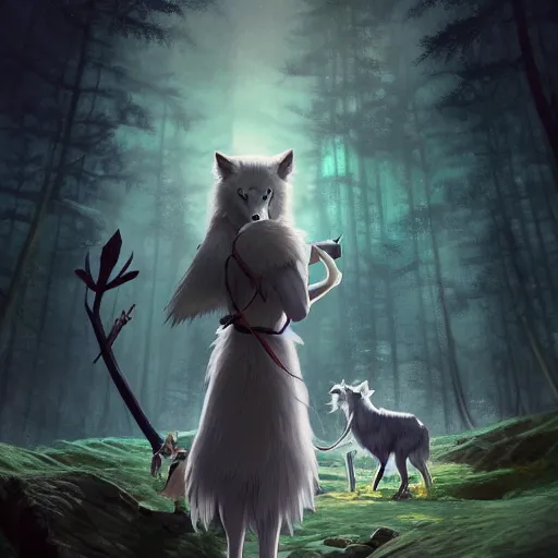 Image similar to Princess Mononoke holding a spear, standing next to Moro the white wolf, in a bioluminescent forest at night, with the Great Forest Spirit in the background, portrait by loish and WLOP, octane render, dark fantasy, trending on ArtStation