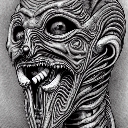Prompt: alien trump, sharpt teeth, by h. r. giger, nightmare fuel, nightmarish, intricate, highly detailed, optical illusion