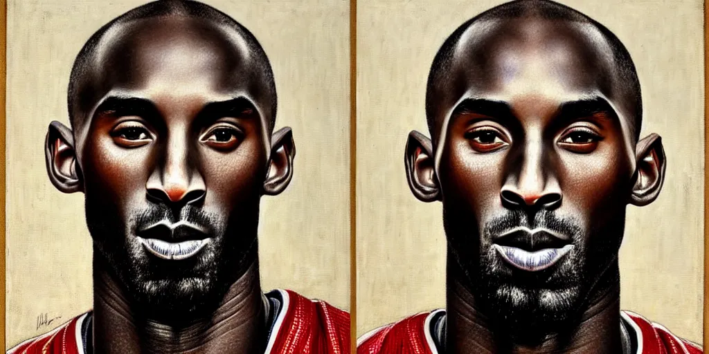 Image similar to portrait of kobe bryant with detailed, textured skin and piercing eyes, by nikolay makovsky