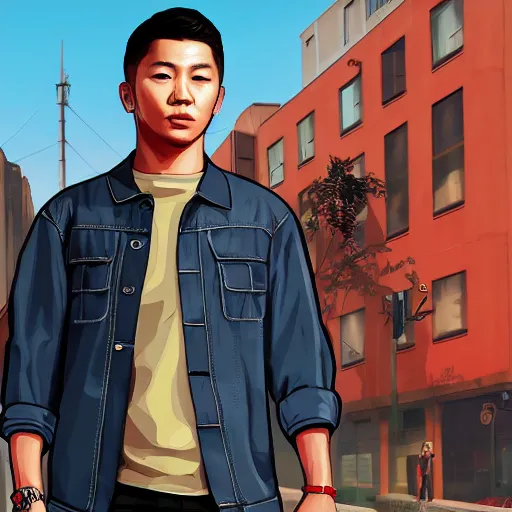 Image similar to kim namjoon in GTA 5 loading screen, full body portrait, concept art, trending in artstation, artstationHD, artstationHQ, highly detailed, 4k