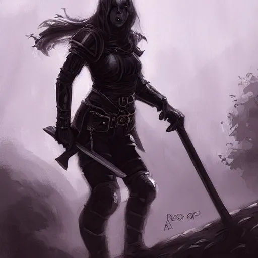 Prompt: a girl in black armor holding a scythe, medieval soldiers marching, dark fantasy concept art, by andreas rocha