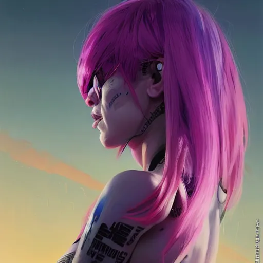 Image similar to cyborg girl with fangs, purple and pink hair, realistic shaded lighting poster by ilya kuvshinov katsuhiro otomo, magali villeneuve, artgerm, jeremy lipkin and michael garmash and rob rey