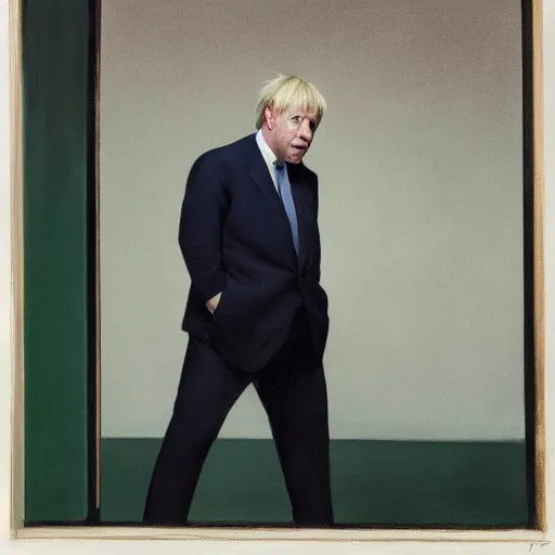 Image similar to a fine art portrait of british prime minister boris john wearing a tracksuit. in the style of edward hopper, richard hamilton and stanley kubrick.