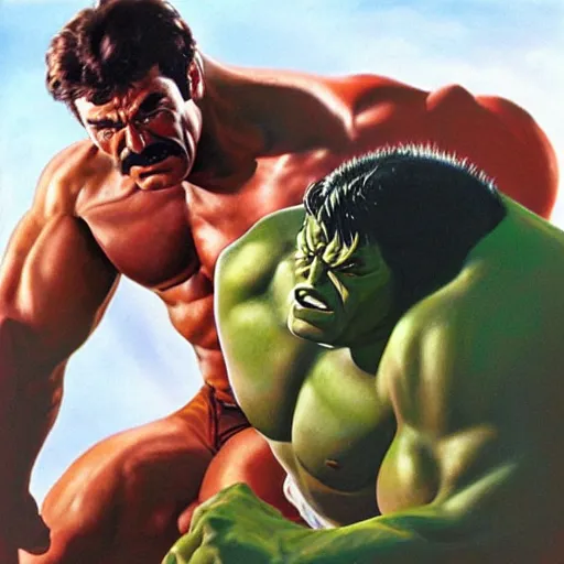 Prompt: ultra realistic portrait painting of tom selleck as hulk, art by frank frazetta, 4 k, ultra realistic, highly detailed, epic lighting