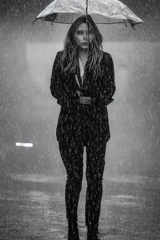 Prompt: dramatic portrait of Elizabeth Olsen in the rain