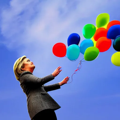 Prompt: lizard Hillary Clinton looking at brightly colored balloons, photo, detailed, 4k