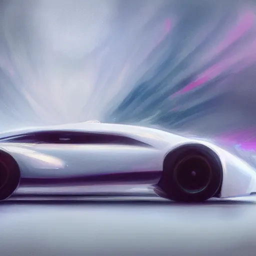 Image similar to full view of a car, painted in white holographic pearlescent, elegant, digital painting, concept art, smooth, sharp focus, art style from Wang Ke and Greg Rutkowski and Bruce Kaiser and Scott Robertson and Dmitry Mazurkevich and Doruk Erdem and Jon Sibal, small style cue from Blade Runner