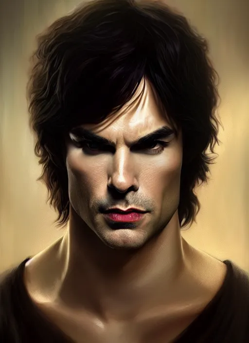 Image similar to portrait of ian somerhalder as a sultry vampire lord, damon salvatore, jewelry, greek, saphire, intricate, headshot, highly detailed, digital painting, artstation, concept art, sharp focus, cinematic lighting, illustration, art by artgerm and greg rutkowski, alphonse mucha, cgsociety