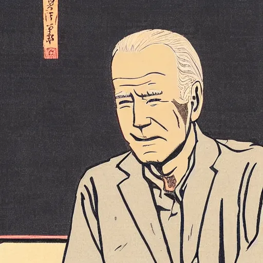 Prompt: Joe Biden writing his death haiku, Japanese woodblock print