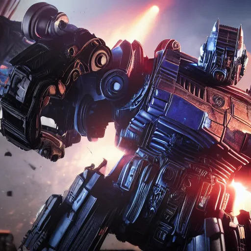 Image similar to optimus prime in gears of war, splash art, movie still, cinematic lighting, ray tracing, octane render, long lens, shallow depth of field, bokeh, anamorphic lens flare, 8 k, hyper detailed, 3 5 mm film grain