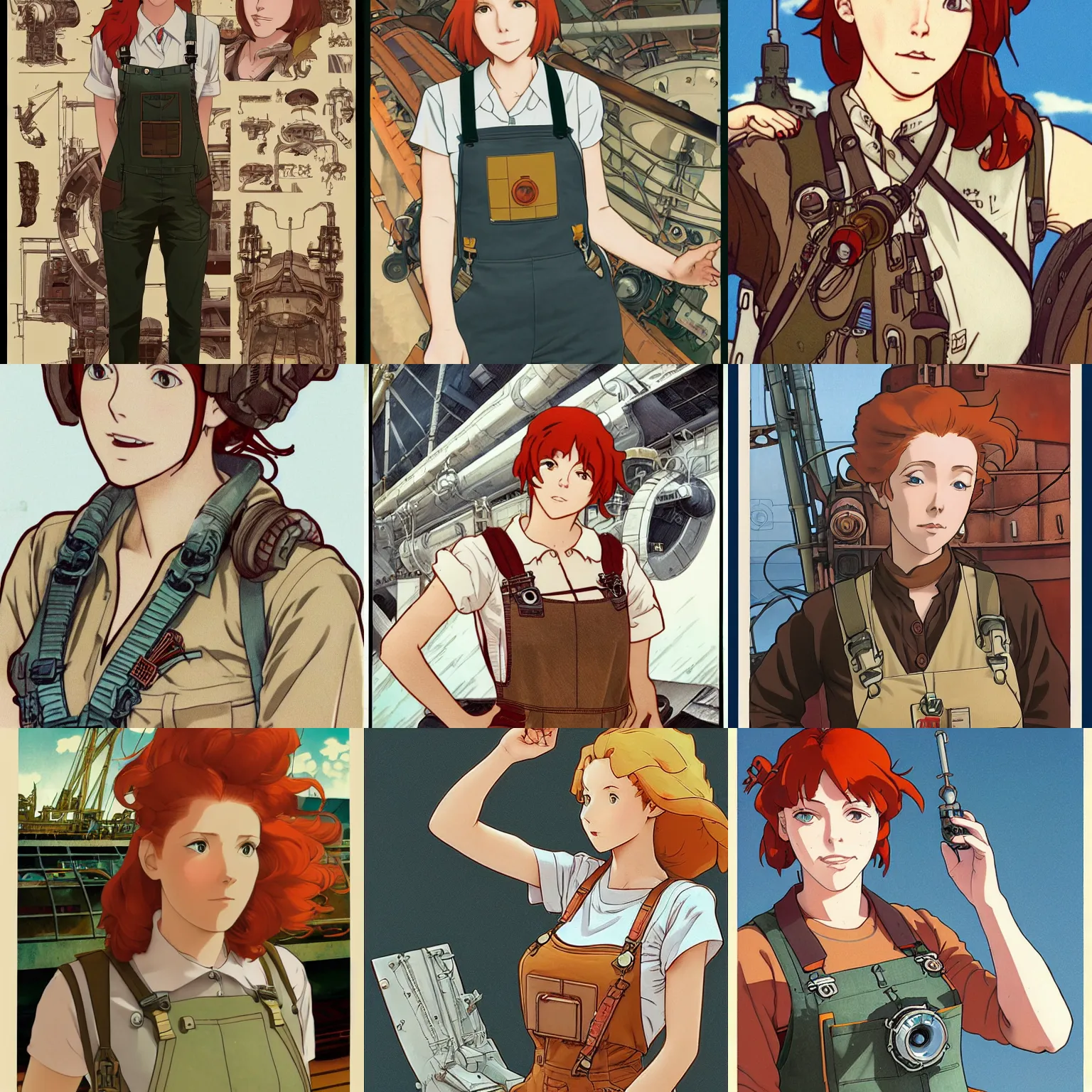 Prompt: Portrait of a redheaded female airship engineer wearing a tank top and dungarees in the guts of a ship, dieselpunk, defined facial features, highly detailed, artstation, official artbook, official Kyoto Animation and Studio Ghibli anime screenshot, by Hayao Miyazaki and Alphonse Mucha