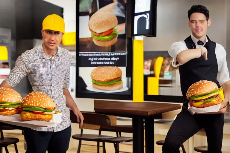 Image similar to mcdonalds human between two sesame seed buns, commercial photograph