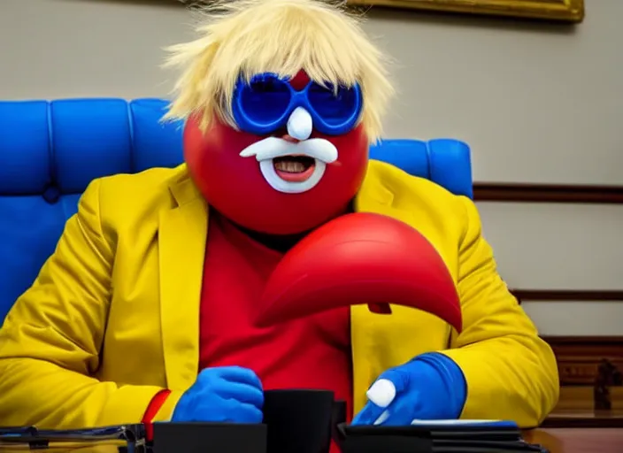 Prompt: Photo of Boris Johnson as Dr. Eggman from Sonic series, as Dr Ivo Eggman Robotnik form the Sonic The Hedgehog Games, sonic comics, wearing a red and yellow jumpsuit with black pants, an oversized brown mustache, round blue sunglasses, sitting at the parlament meeting, giving an interview, highly detailed, 4k, HQ