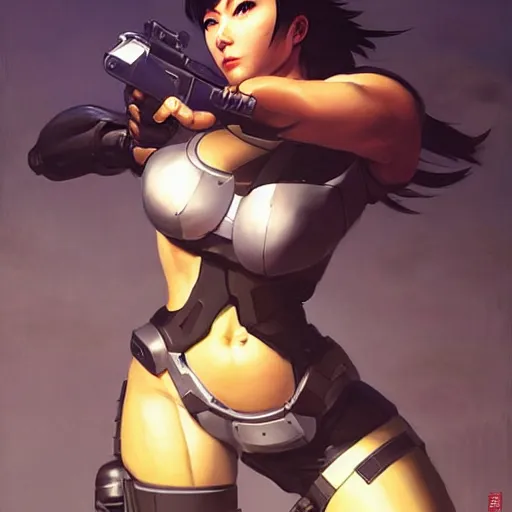 Image similar to greg manchess portrait painting of partially armored motoko kusanagi as overwatch character, medium shot, asymmetrical, profile picture, organic painting, sunny day, matte painting, bold shapes, hard edges, street art, trending on artstation, by huang guangjian, gil elvgren, ruan jia, greg rutkowski, gaston bussiere