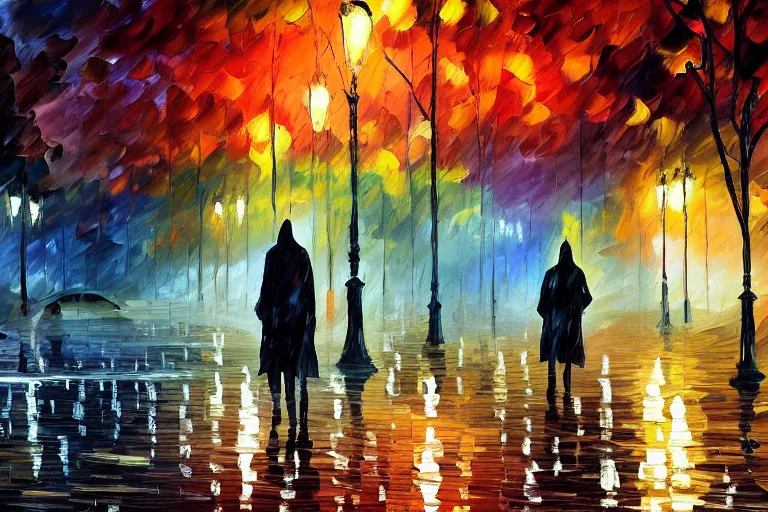 Prompt: park at night, two cloaked figures, artstation, by william degouve de nunqcues, by leonid afremov, rain puddles, background glitched cyber city