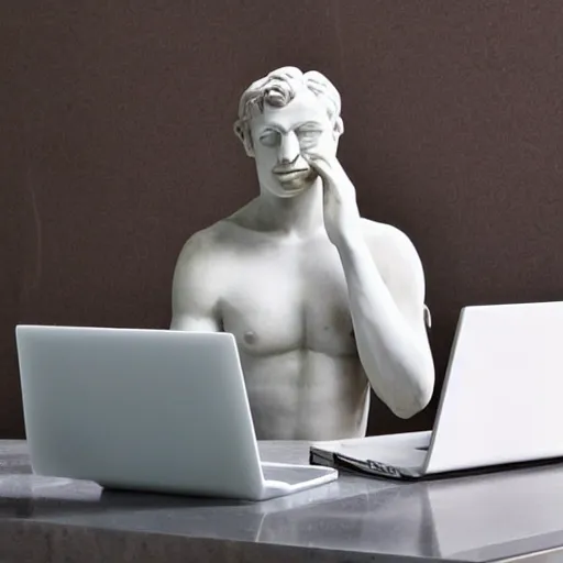 Prompt: a marble statue sitting at a desk with a frustration expression and a laptop on the desk