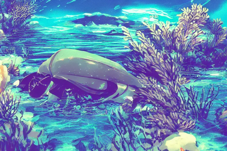 Prompt: cute anime - horseshoecrab underwater, in 2 0 1 2, bathed in the the glow of a crt television, crabcore, low - light photograph, anime key art