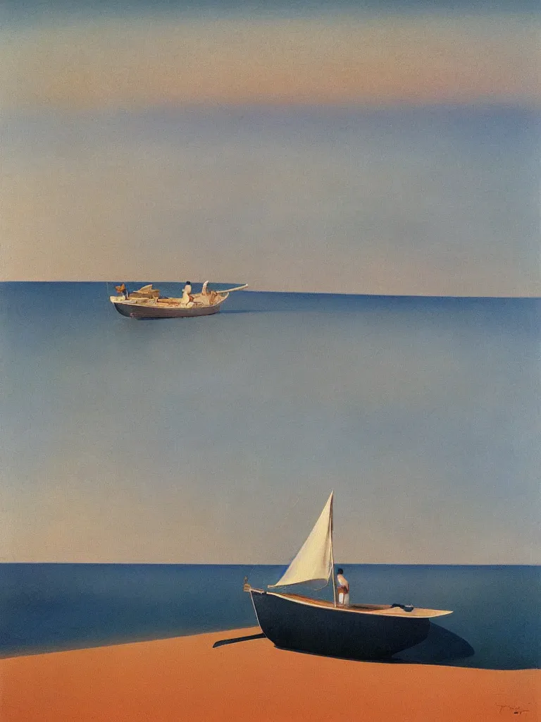 Image similar to a neo retro poster a boat near dune du Pilat, australian tonalism, pale gradients design, matte drawing, clean and simple design, outrun color palette. painted by Morandi, Agnes Pelton