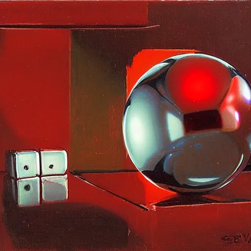 Prompt: chrome spheres on a red cube by isaac levitan