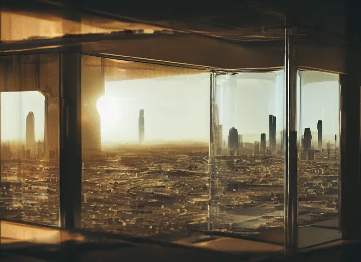 Prompt: a huge glass container with a cyberpunk city hidden inside, sea of milk, in the desert, photo realism, sunny day f / 1. 9 6. 8 1 mm iso 4 0